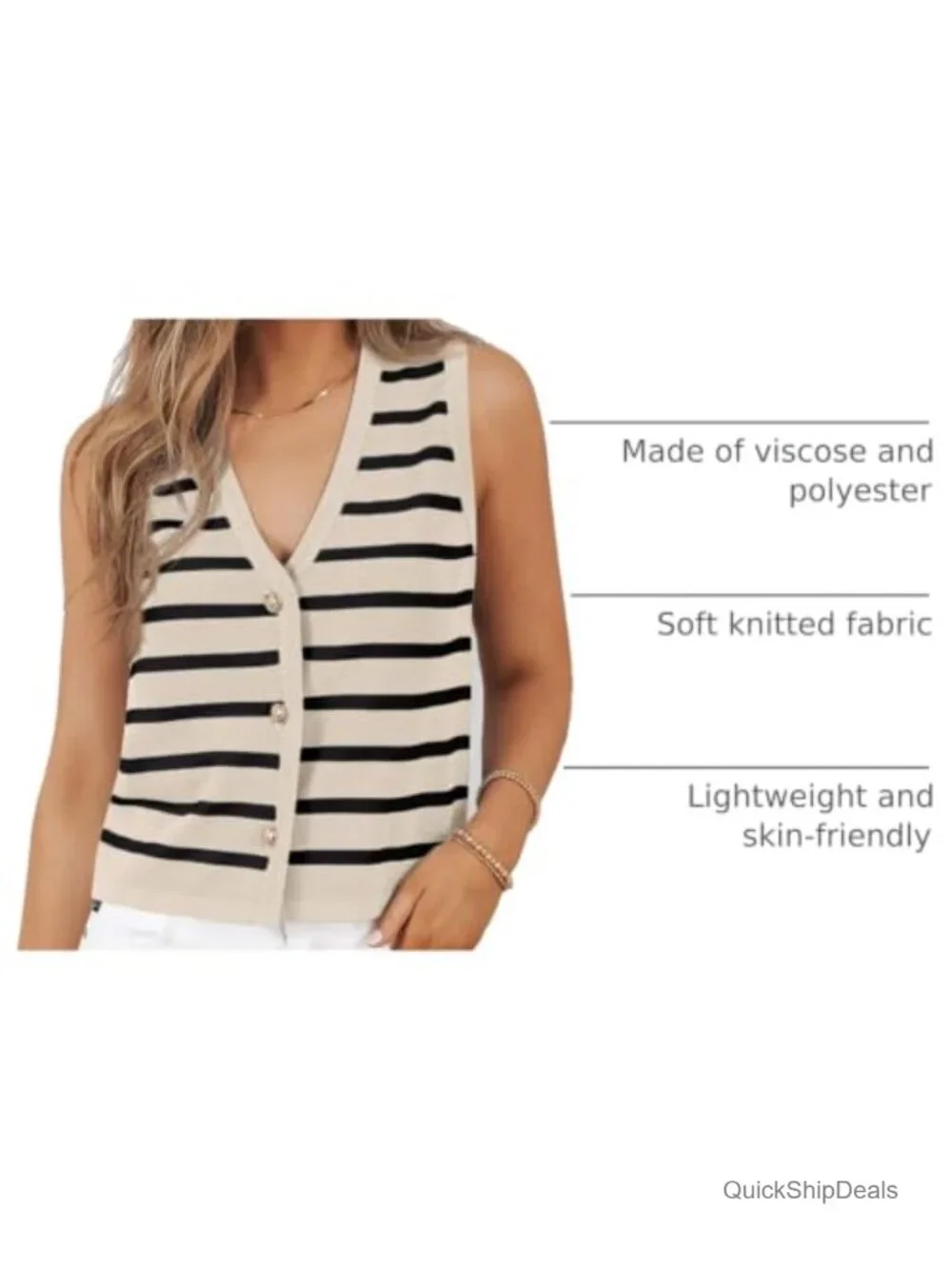 Striped Sweater Vest Women V-Neck Button Up Sleeveless Knit Tank Top Casual Work